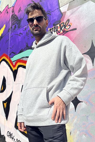 KonforA Unisex Oversize Gray Hooded 3 Thread Raster Sweatshirt Hoodie