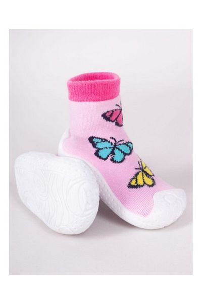 Superbaby Mocasini pentru copii cu talpă antiderapantă – Design fluturi colorați pe fond roz