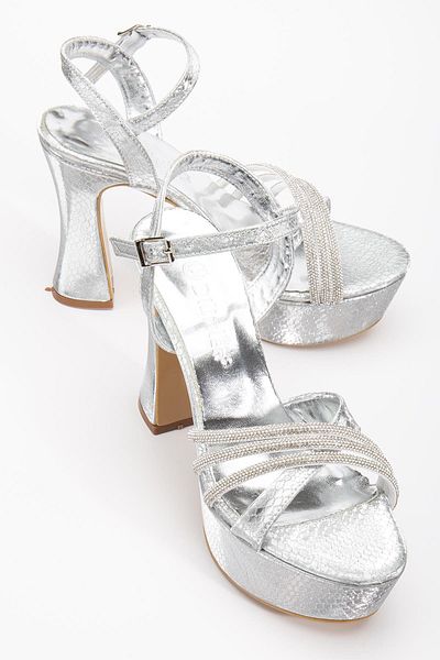 Dilimler Ayakkabı Cross Stone 40mm Silver Gray Women's Platform Heeled Evening Dress Shoes