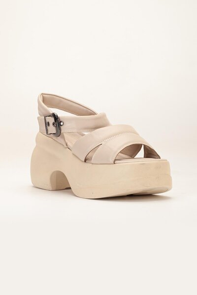 Dilimler Ayakkabı Women's Wedge Heel Sandals Beige 2 Thick Banded Skin