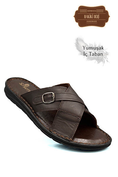 sermoda Genuine Real Leather Men's Slippers Lightweight Slippers Leather t Brown