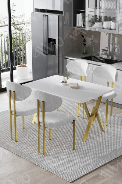 AVVİO DANTE Mat Gold Lotus Sandalye 80x120 Yemek Masası Mutfak Masası 4 Kişil...