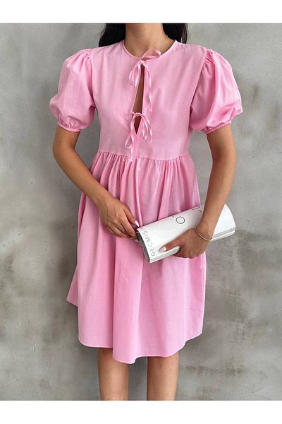 Cistern İstanbul Women's Pink Front Lace Detailed Short Sleeve Summer Dress