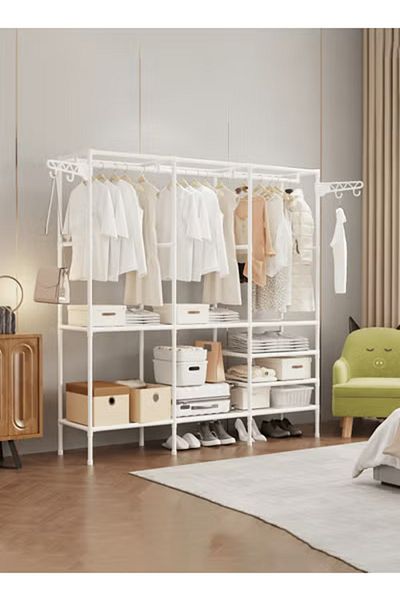 Taimi Metal Clothes Organizer Multi Functional With three Sections And Poles For Hanging Clothes White