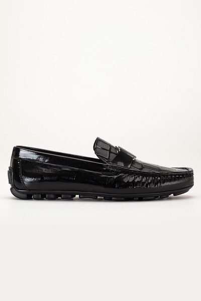 Dilimler Ayakkabı Genuine Leather Men's Casual Loafer Shoes Black Patent Leather Metal Buckle