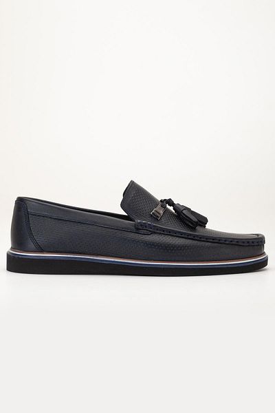 Dilimler Ayakkabı Genuine Leather Men's Casual Loafer Shoes Navy Blue Tasseled Eva Sole Printed