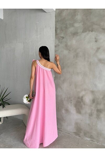Cistern İstanbul Γυναικείο ροζ καλοκαιρινό φόρεμα με έναν ώμο με λεπτομέρεια από δαντέλα