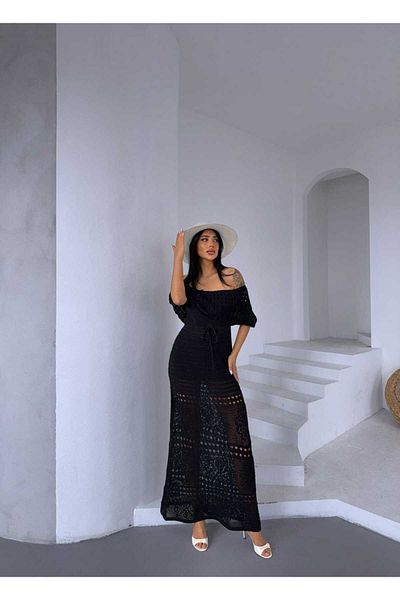 Cistern İstanbul Women's Black Madonna Collar Knitted Detailed Summer Knitwear Dress