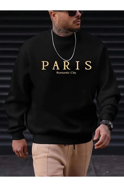 Wheat Butik Men's Long Sleeve Crew Neck Paris Written Two Thread Sweat