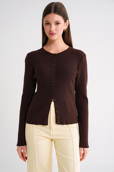 Mixray 6931 Women's Buttoned Ribbed Knitwear Cardigan Brown
