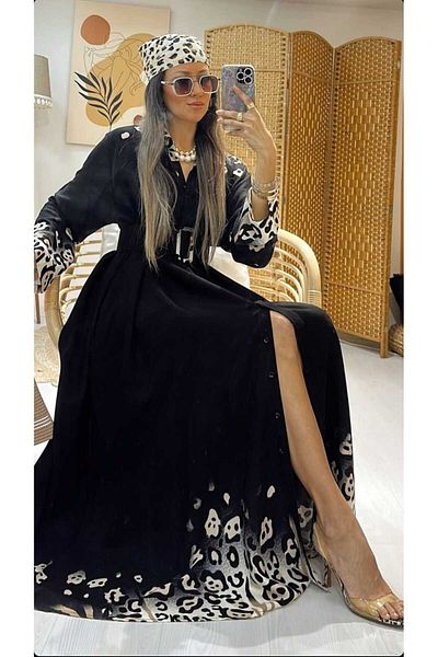 QUAWEAR Lake Collar Buckle Belted Leopard Pattern Viscon Fabric Full Length Dress