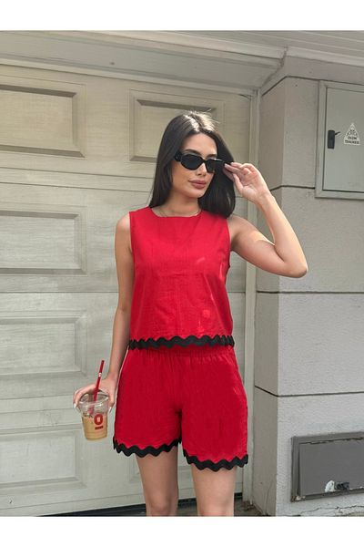 Cistern İstanbul Women's Red Hem Detailed Linen Blouse Shorts Double Bottom Top Set