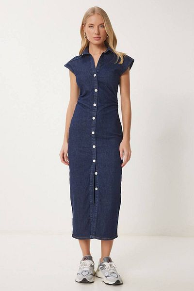 Panku Bizu Design Store Elmira Drape Detailed Studded Dark Blue Long Denim Denim Dress