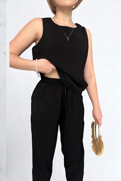 Cistern İstanbul Women's Black Woven Modal Fabric Blouse and Pants Two-Piece Bottom Top Set