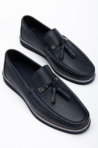 Dilimler Ayakkabı Genuine Leather Men's Casual Loafer Shoes Navy Blue Tasseled Eva Sole Printed