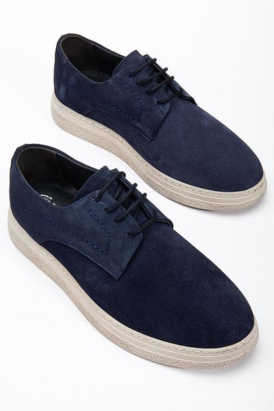 Dilimler Ayakkabı Genuine Leather Suede Men's Casual Shoes Navy Blue Tied Beige Sole