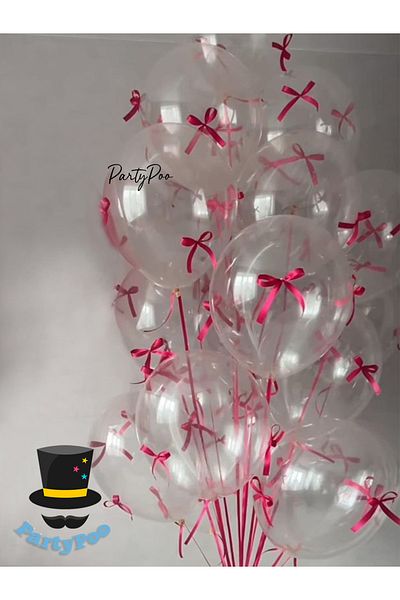 PartyPoo Fuchsia Pink Bow Ribbon Transparent Balloon Set of 10 Birthday Bow Balloon, Ribbon Balloon