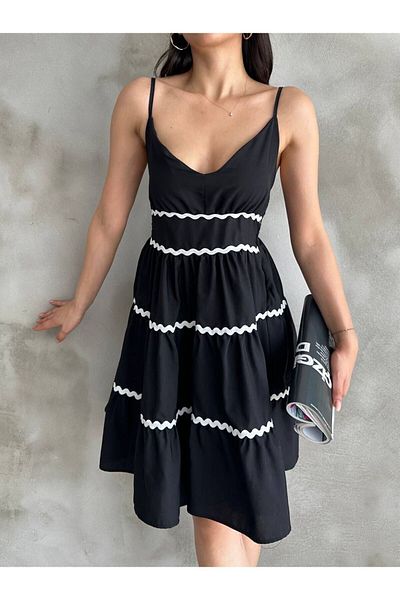Cistern İstanbul Women's Black Rope Strap Summer Dress with Stripe Detail