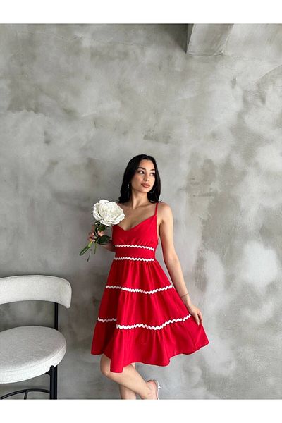 Cistern İstanbul Women's Red Rope Strap Stripe Detailed Summer Dress