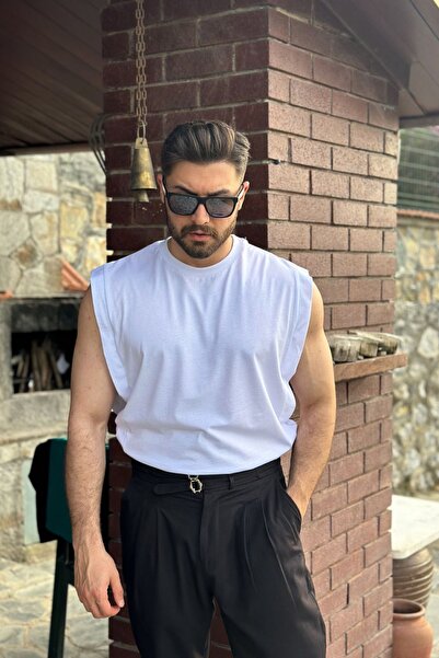 GUARAZ Men's White Basketball Zero Sleeve Crew Neck Oversize Sleeveless Kejil T-shirt