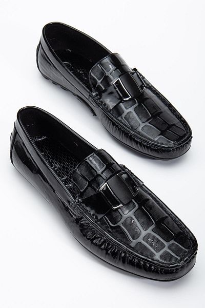 Dilimler Ayakkabı Genuine Leather Men's Casual Loafer Shoes Black Patent Leather Metal Buckle