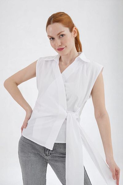 Cistern İstanbul Women's White Collar Side Tie Detailed Sleeveless Poplin Woven Fabric Shirt