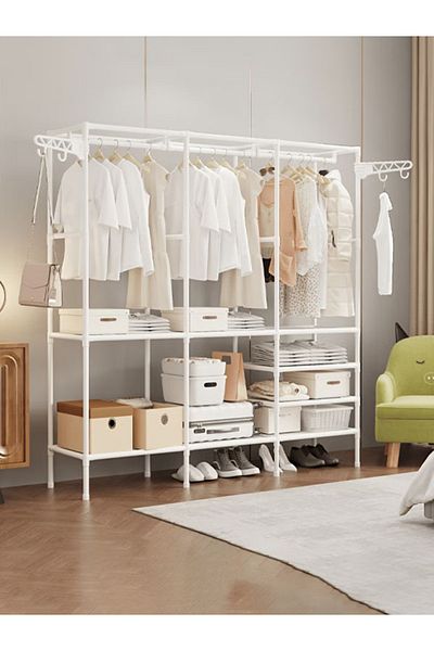 Taimi Metal Clothes Organizer Multi Functional With three Sections And Poles For Hanging Clothes White