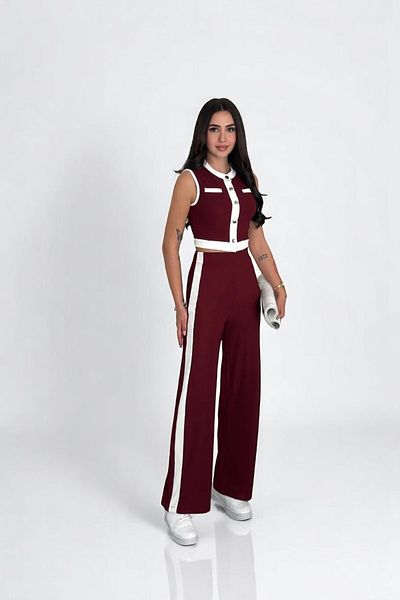 Cistern İstanbul Women's Burgundy Ottoman Buttoned Vest Stripe Detailed Trousers Two Piece Set