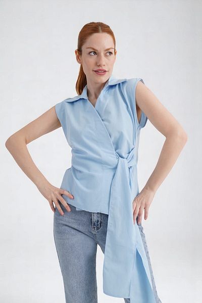 Cistern İstanbul Women's Blue Collar Side Tie Detailed Sleeveless Poplin Woven Fabric Shirt