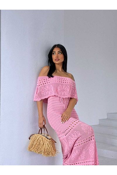 Cistern İstanbul Women's Pink Madonna Collar Knit Detailed Summer Knitwear Dress