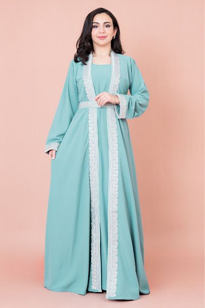 IKKXA Solid Embroidery Belted 2-Piece Kaftan