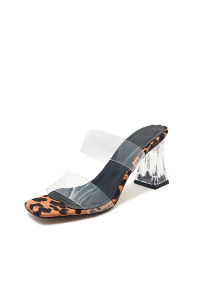 GDT Ayakkabı Leopard Color Transparent Tape Heel Thick Heel Women's Slippers