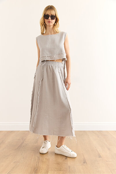 Olalook Női szürke rugalmas derék, piszkos varrás muszlin szoknya ETK-19000310