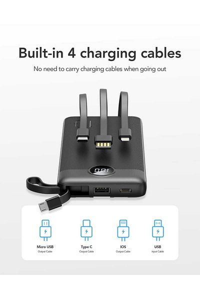 Veger 20000mAh Power Bank with 4 Built-in Cables Compatible with All Devices Black