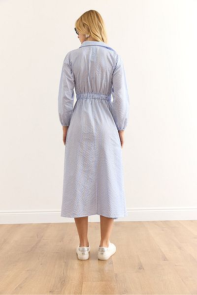 Olalook Rochie cămașă maxi cu buzunar cu talie elastică albastră pentru femei ELB-19002398
