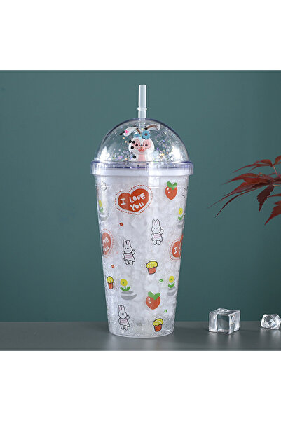 Livava Tavşan Işıklı ve Pipetli Bardak, 450 ml, Buzlu ve Kapaklı, Beyaz, 20x8