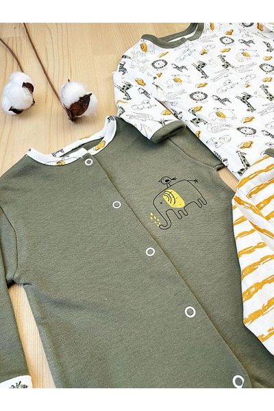 DEFNE LİNA BABY Baby Boy Outfit Safari Patterned 3-Piece Jumpsuit Set with Colorful Booties Newborn 0-3-6-9 Months