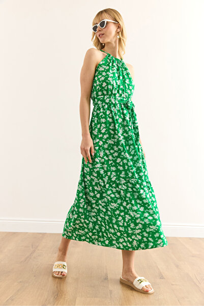 Olalook Women's Green White Floral Halter Neck Belted Woven Viscon Dress Elb-19001548