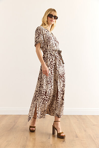 Olalook Dámské leopardí hnědé maxi viskózové košilové šaty s páskem ELB-19002382