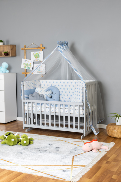 Bamgidoo Ahşap Bebek Beşik Anne Yanı Beşik Doğal Gri 70x130 - Mavi Yıldız 3 Y...