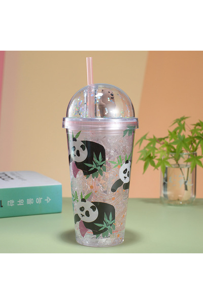 Livava Pandacık Işıklı ve Pipetli Bardak, 450 ml, Buzlu ve Kapaklı, Pembe, 20x8