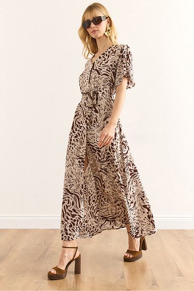 Olalook Γυναικείο φόρεμα με κουμπιά Leopard Brown Maxi Viscose πουκάμισο ELB-19002382