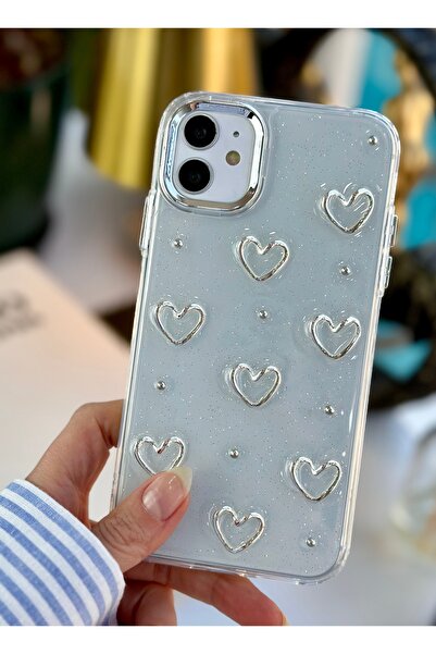 Go Aksesuar iPhone 11 Transparent Metal Heart Epoxy Silicone Case with Toy