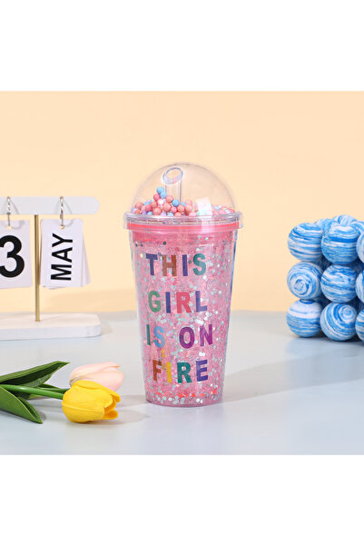 Livava Sloganlı Işıklı ve Pipetli Bardak, 450 ml, Buzlu ve Kapaklı, Pembe, 20x8