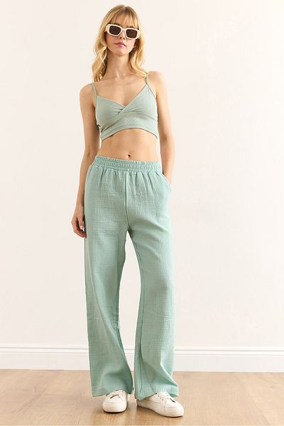 Olalook Women's Aqua Green Elastic Waist Pocket Muslin Trousers Pnt-19000279