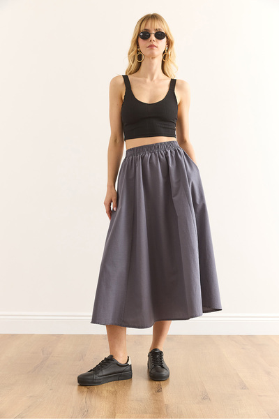 Olalook Women's Smoked Pocket Elastic Waist Midi Woven Bell Skirt Etk-19000271