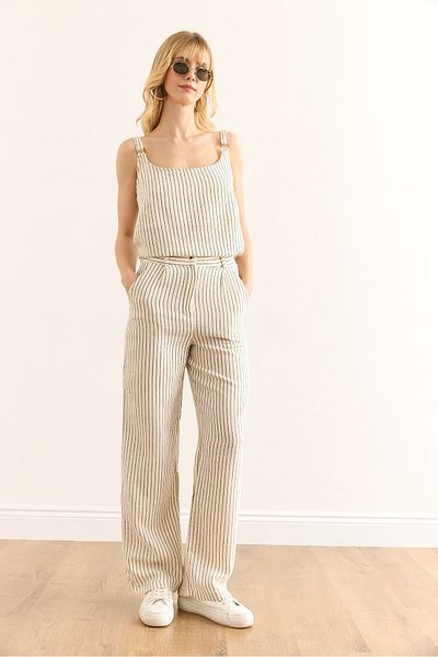 Olalook Women's Khaki Pocket Zippered Striped Muslin Trousers Pnt-19000339