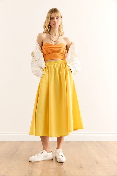 Olalook Women's Yellow Pocket Elastic Waist Midi Woven Bell Skirt Etk-19000271