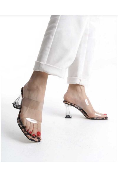 GDT Ayakkabı Leopard Color Transparent Tape Heel Thick Heel Women's Slippers