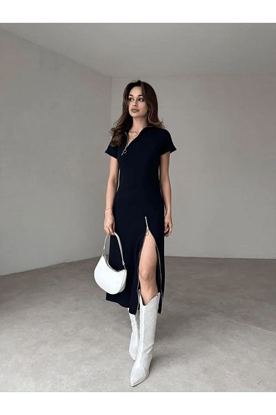 JANES Rochie midi din viscoză cu două fire, cu mâneci scurte și fermoar la gât și la fustă